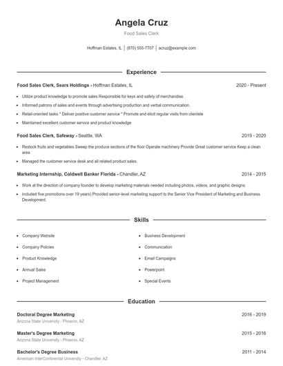 Food Sales Clerk Resume