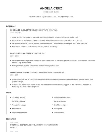 Food Sales Clerk Resume