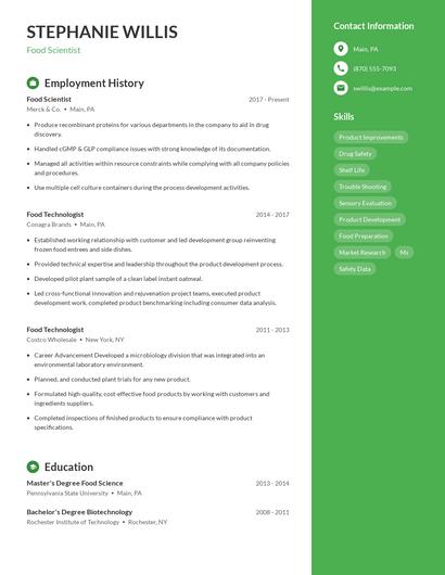 Food Scientist Resume