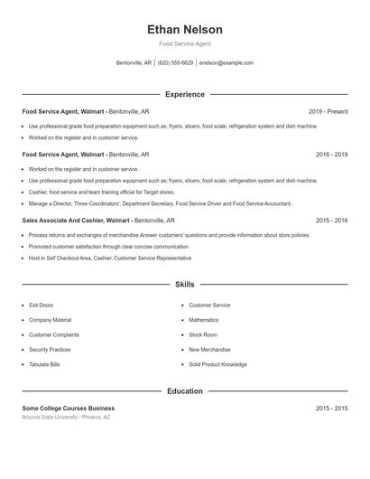 Food Service Agent Resume