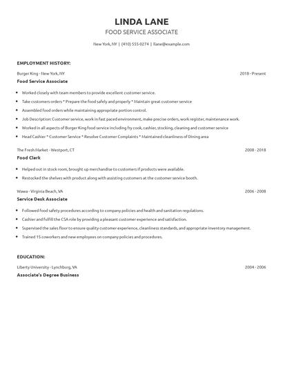 Food Service Associate Resume