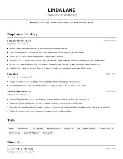 Food Service Associate Resume