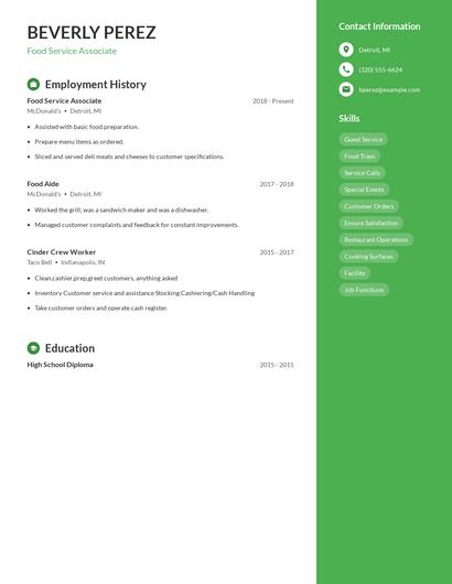 Food Service Associate Resume