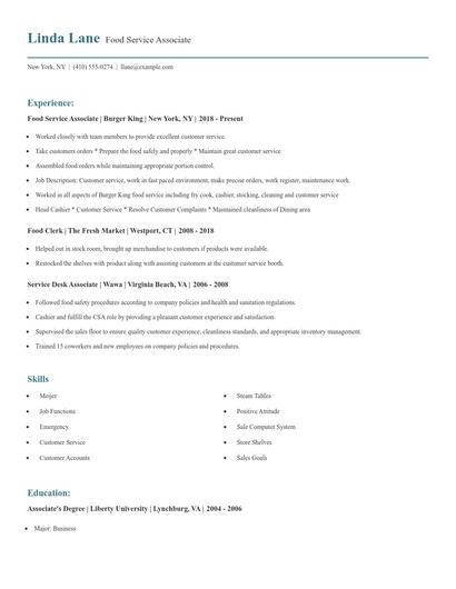 Food Service Associate Resume