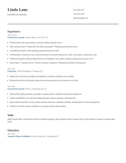 Food Service Associate Resume