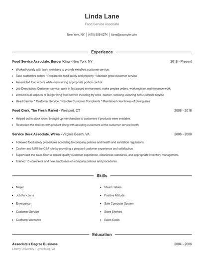 Food Service Associate Resume