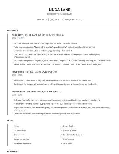 Food Service Associate Resume