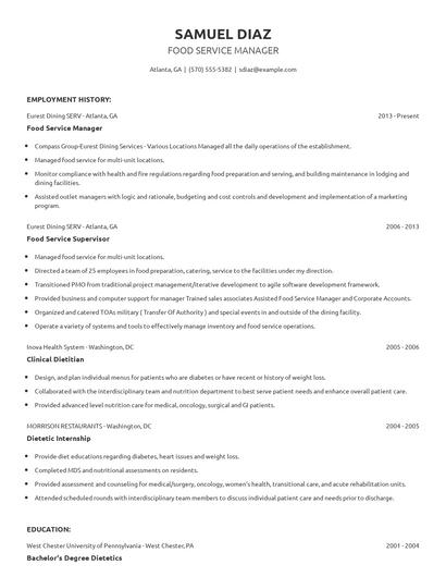 Food Service Manager Resume