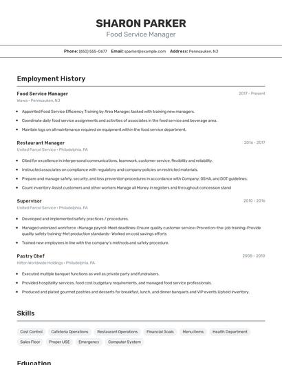 Food Service Manager Resume