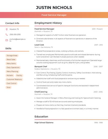Food Service Manager Resume