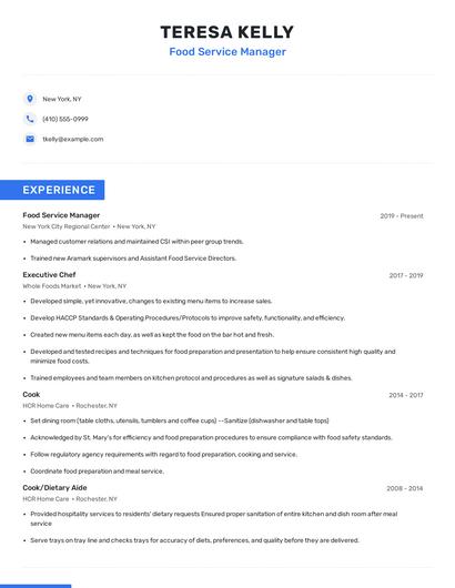 Food Service Manager Resume
