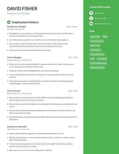 Food Service Manager Resume