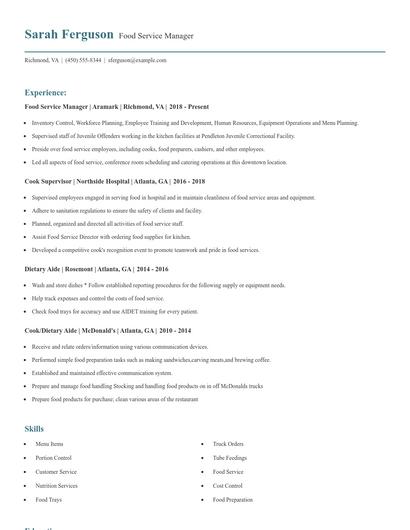 Food Service Manager Resume