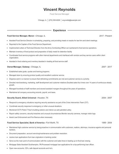 Food Service Manager Resume