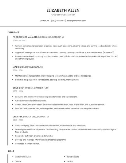 Food Service Manager Resume