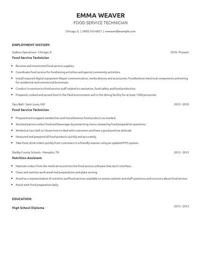 Food Service Technician Resume