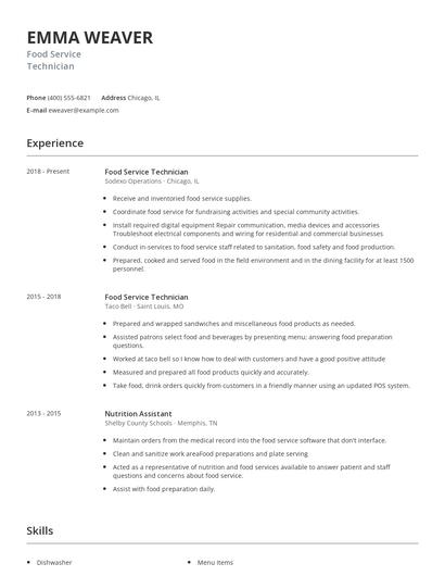 Food Service Technician Resume