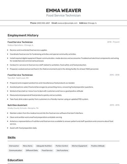 Food Service Technician Resume