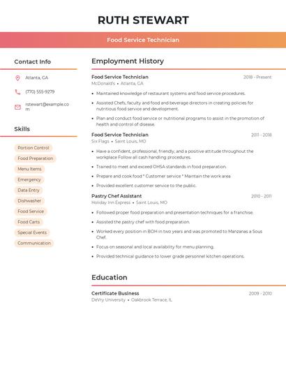 Food Service Technician Resume