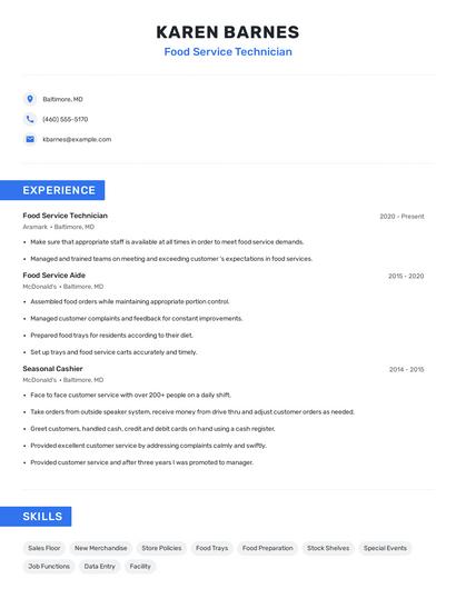 Food Service Technician Resume