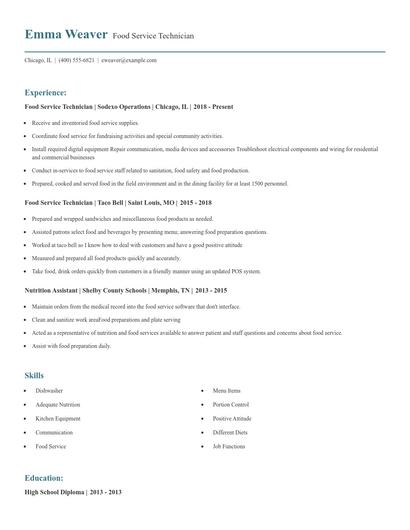 Food Service Technician Resume