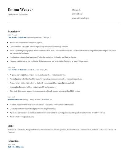Food Service Technician Resume