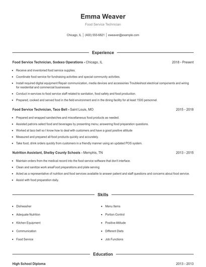 Food Service Technician Resume