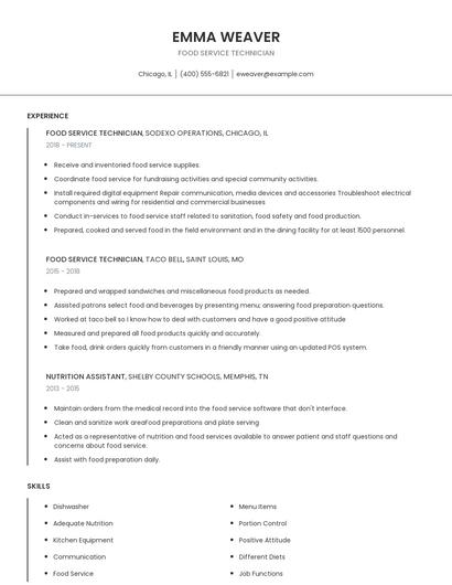 Food Service Technician Resume