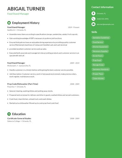 Food Stand Manager Resume