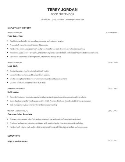 Food Supervisor Resume