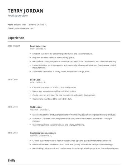 Food Supervisor Resume