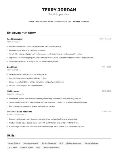Food Supervisor Resume