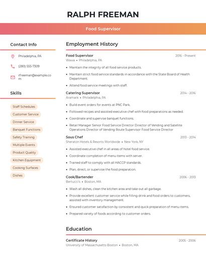 Food Supervisor Resume