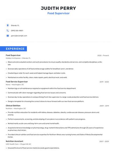 Food Supervisor Resume