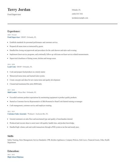 Food Supervisor Resume