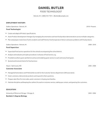 Food Technologist Resume