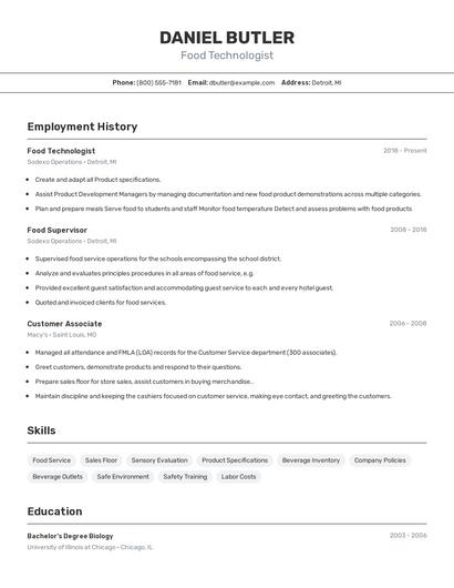 Food Technologist Resume
