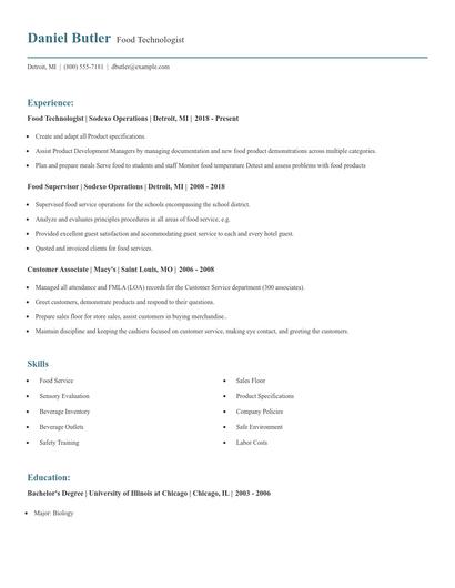 Food Technologist Resume