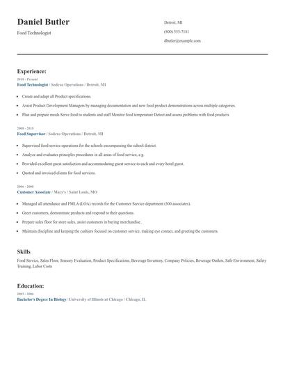 Food Technologist Resume