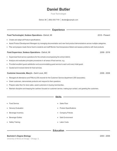 Food Technologist Resume