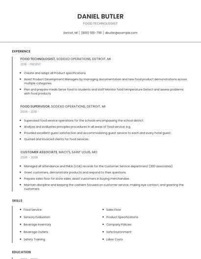 Food Technologist Resume