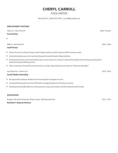 Food Writer Resume