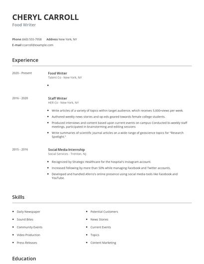 Food Writer Resume