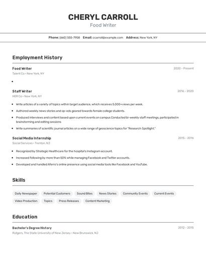 Food Writer Resume