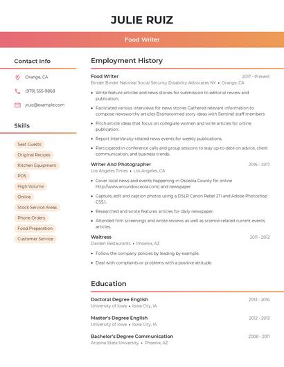 Food Writer Resume