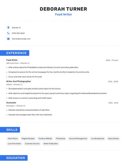 Food Writer Resume