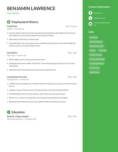 Food Writer Resume