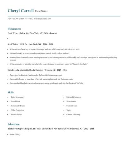 Food Writer Resume