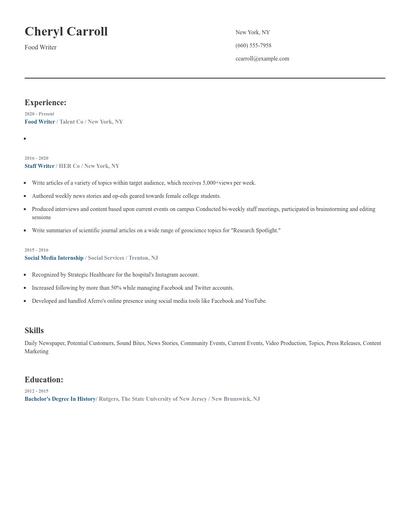 Food Writer Resume