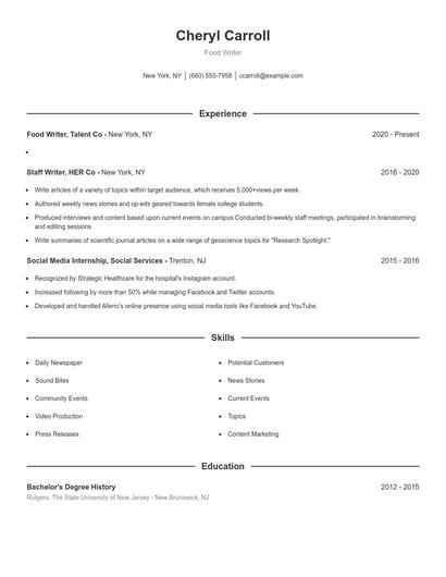 Food Writer Resume